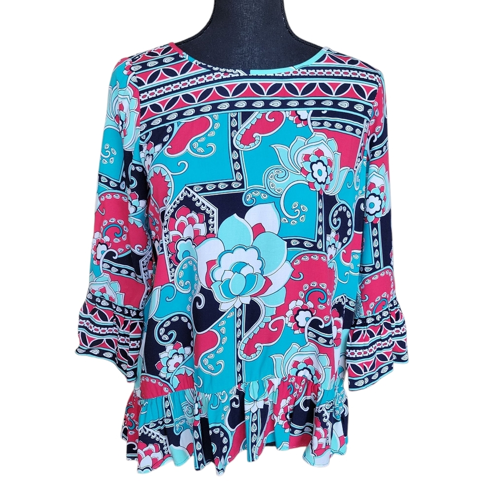 Crown & Ivy Colorful Abstract Ruffle Blouse Women's Size XS